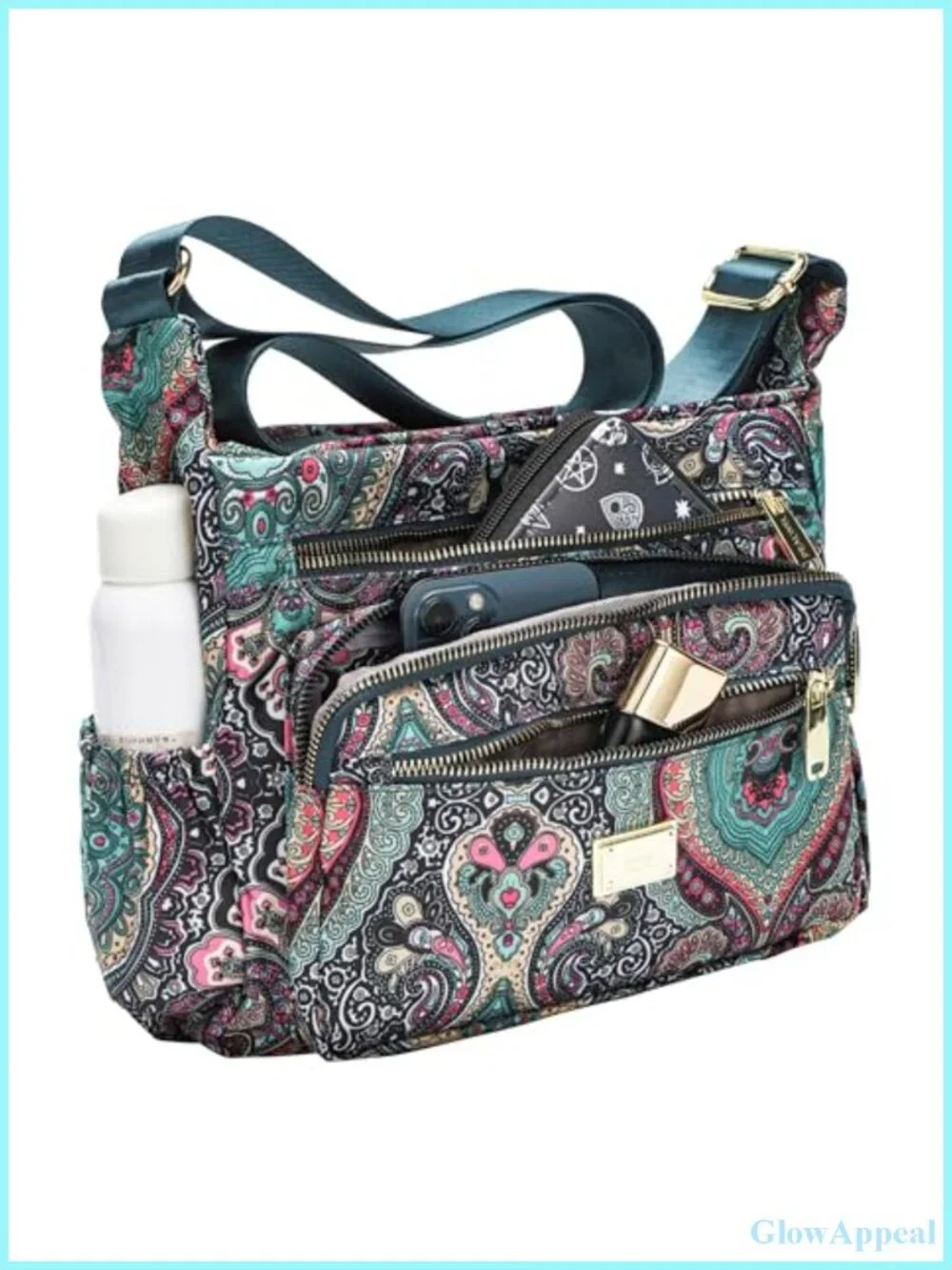 Nylon Tote Satchel with 10 Pockets, Adjustable Strap, Anti-Theft Back Zipper